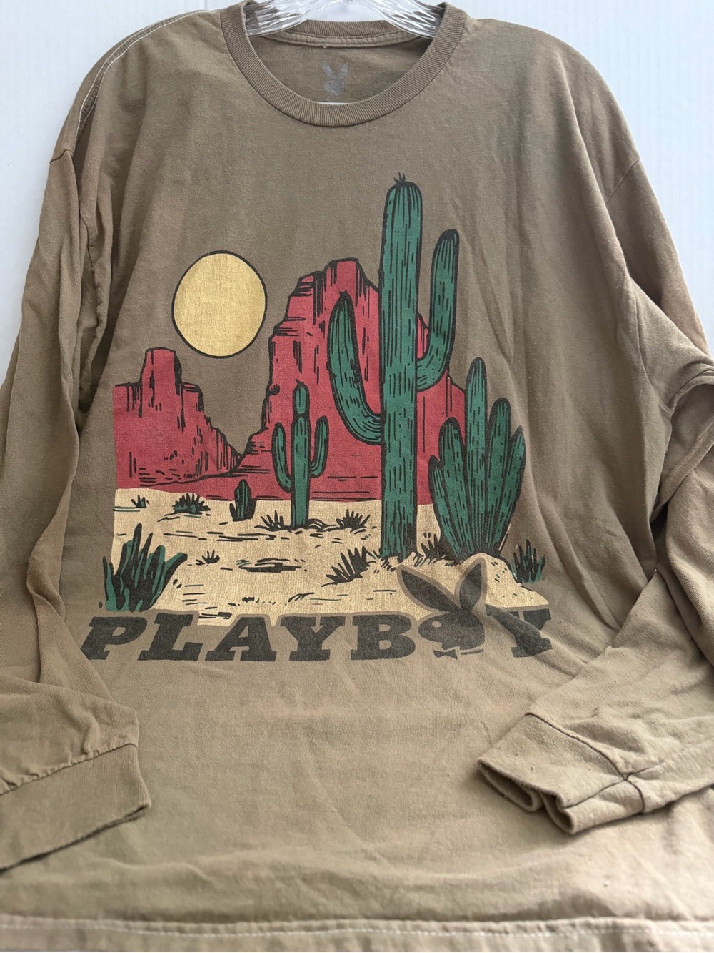 PLAYBOY Desert Cactus Graphic Long Sleeve Tee - Tan, Green, Red, Yellow
